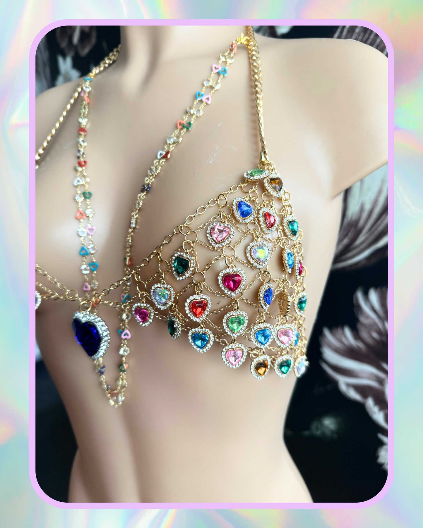 Rhinestone Heart Charm Top Gold with Rainbow Color Hearts - Made to Order