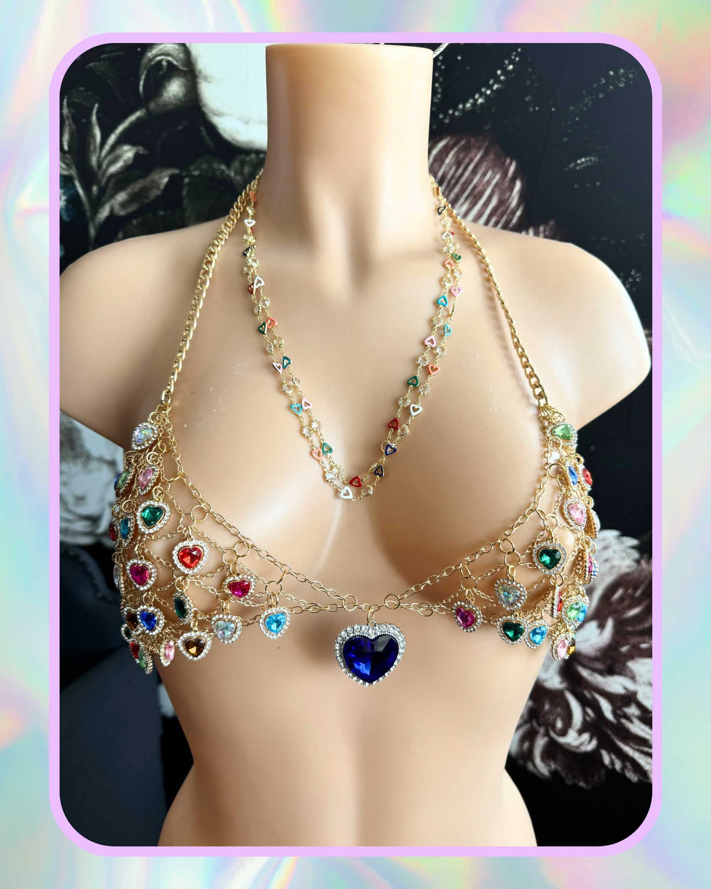 Rhinestone Heart Charm Top Gold with Rainbow Color Hearts - Made to Order