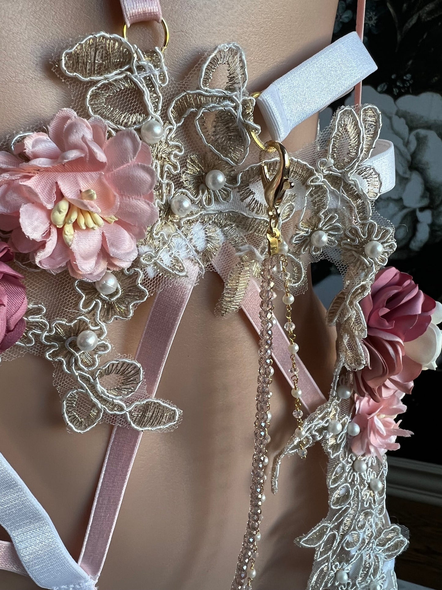 Kati White Gold Floral Lace Body Cage Lingerie