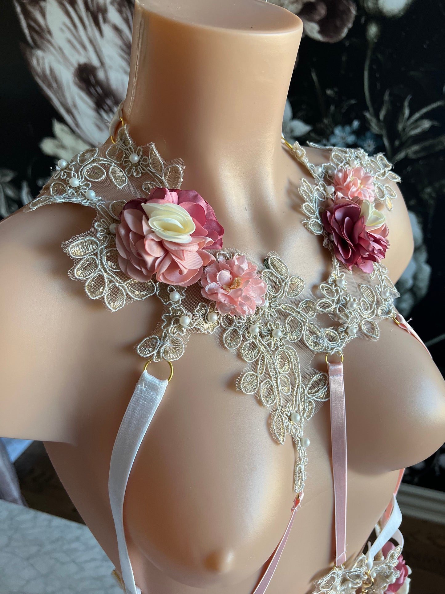 Kati White Gold Floral Lace Body Cage Lingerie
