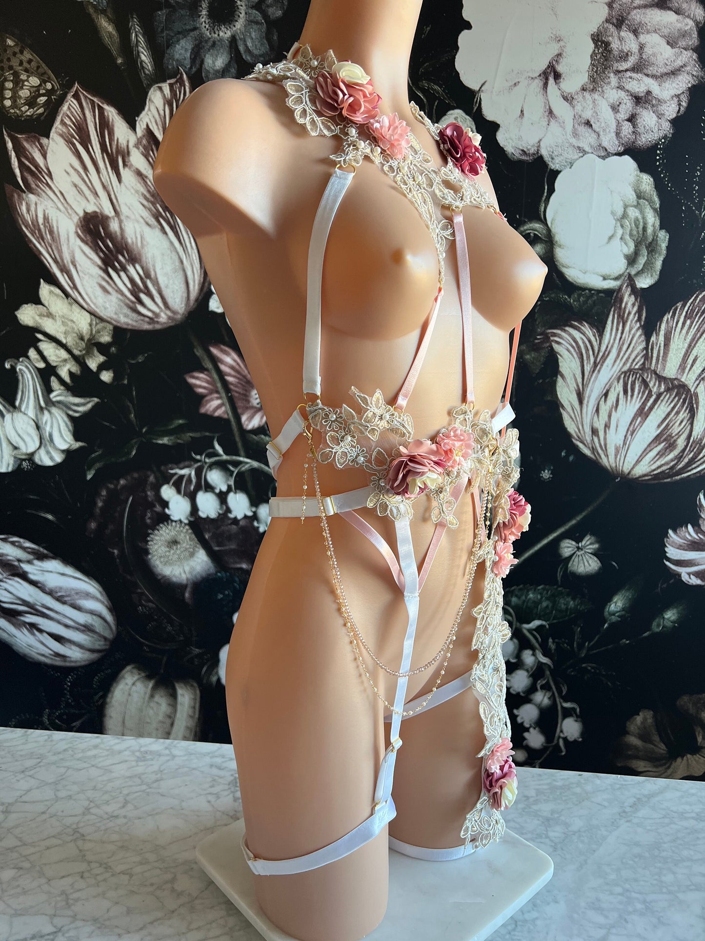 Kati White Gold Floral Lace Body Cage Lingerie