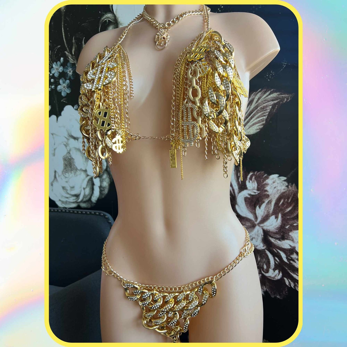 Ready to Ship Sexy Money Charm Chain Bra One of a Kind Rave Top EDM Festival Outfit Rhinestone Bra Top Necklace Stripper Pole Dance Wear