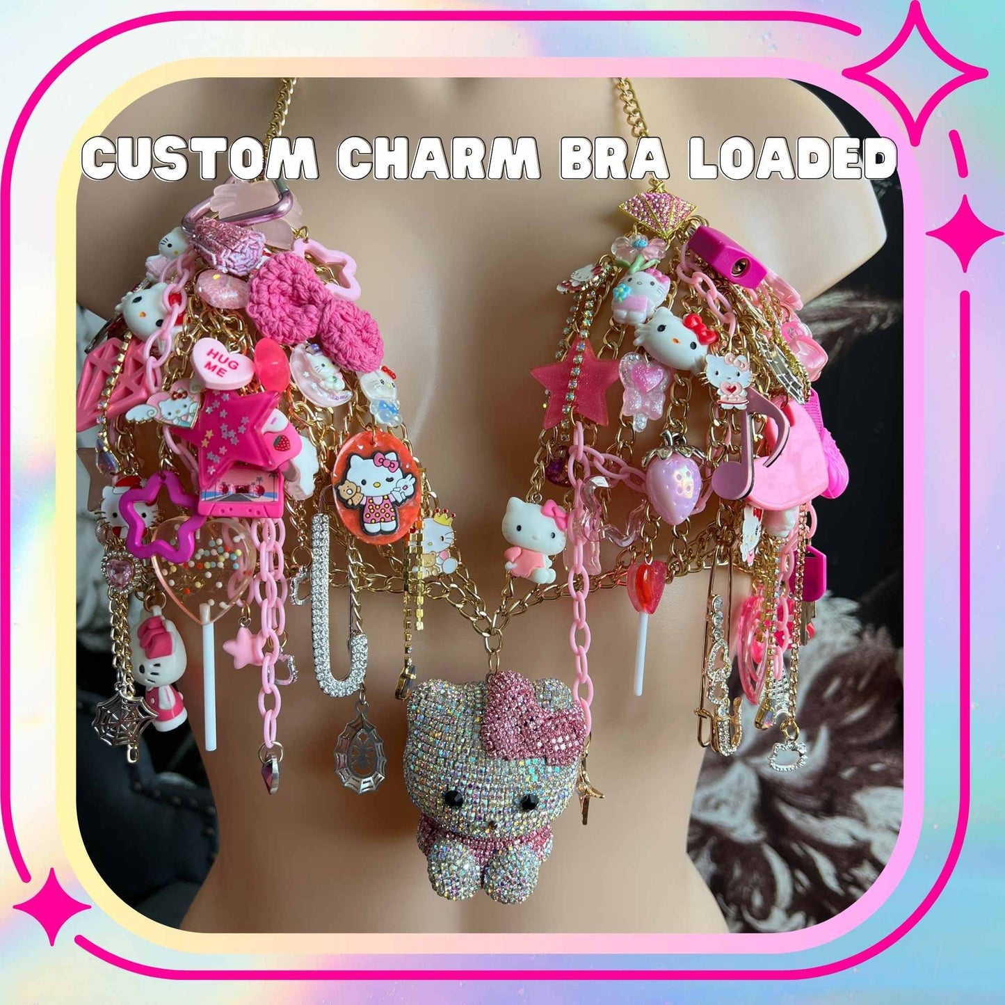 Kitty Charm Bralette Chain Top Cat Sparkle Charms Pink Kitty Bow Charm Jewelry Rave Accessories Pink Rave Outfit Unique Top Rave Girl Outfit