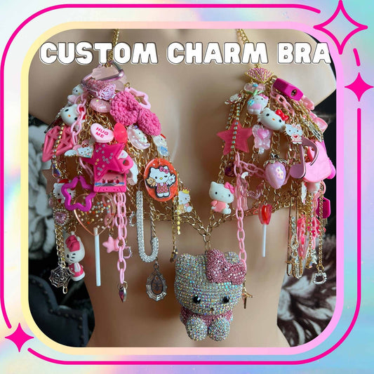 Kitty Charm Bralette Chain Top Cat Sparkle Charms Pink Kitty Bow Charm Jewelry Rave Accessories Pink Rave Outfit Unique Top Rave Girl Outfit