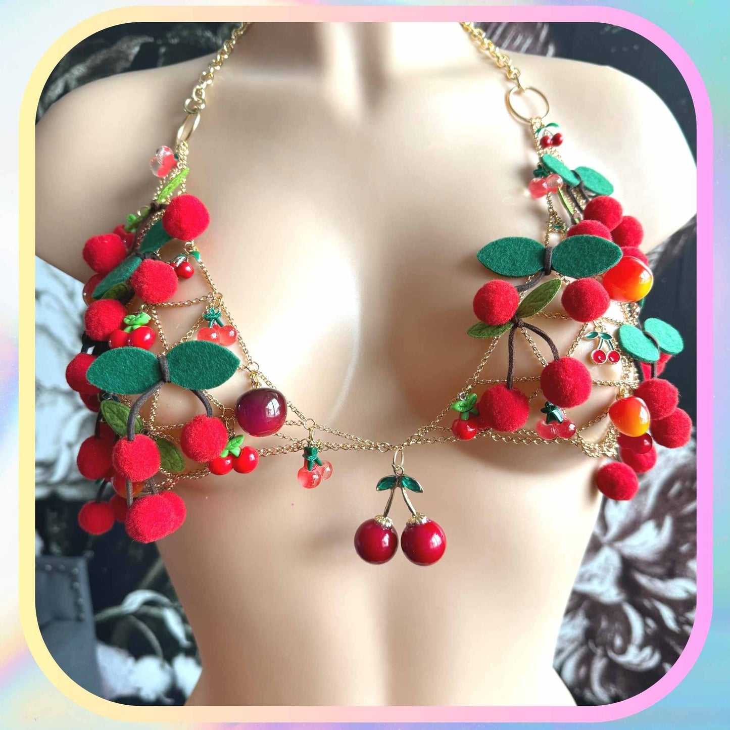 DIY Cherry Charm Bra Rave Outfit for Festival Wear Rave Beach Sexy Cherry Outfit Red Gold Chain Diy Gift for Friend Charm Cherry Red Jewelry