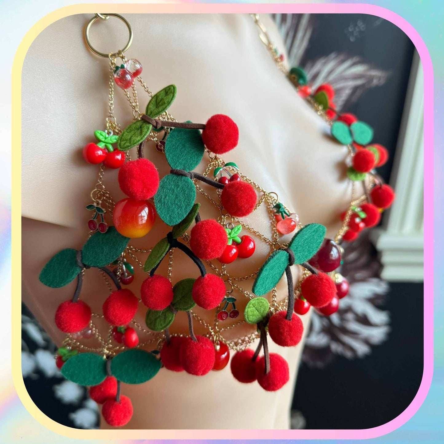 DIY Cherry Charm Bra Rave Outfit for Festival Wear Rave Beach Sexy Cherry Outfit Red Gold Chain Diy Gift for Friend Charm Cherry Red Jewelry