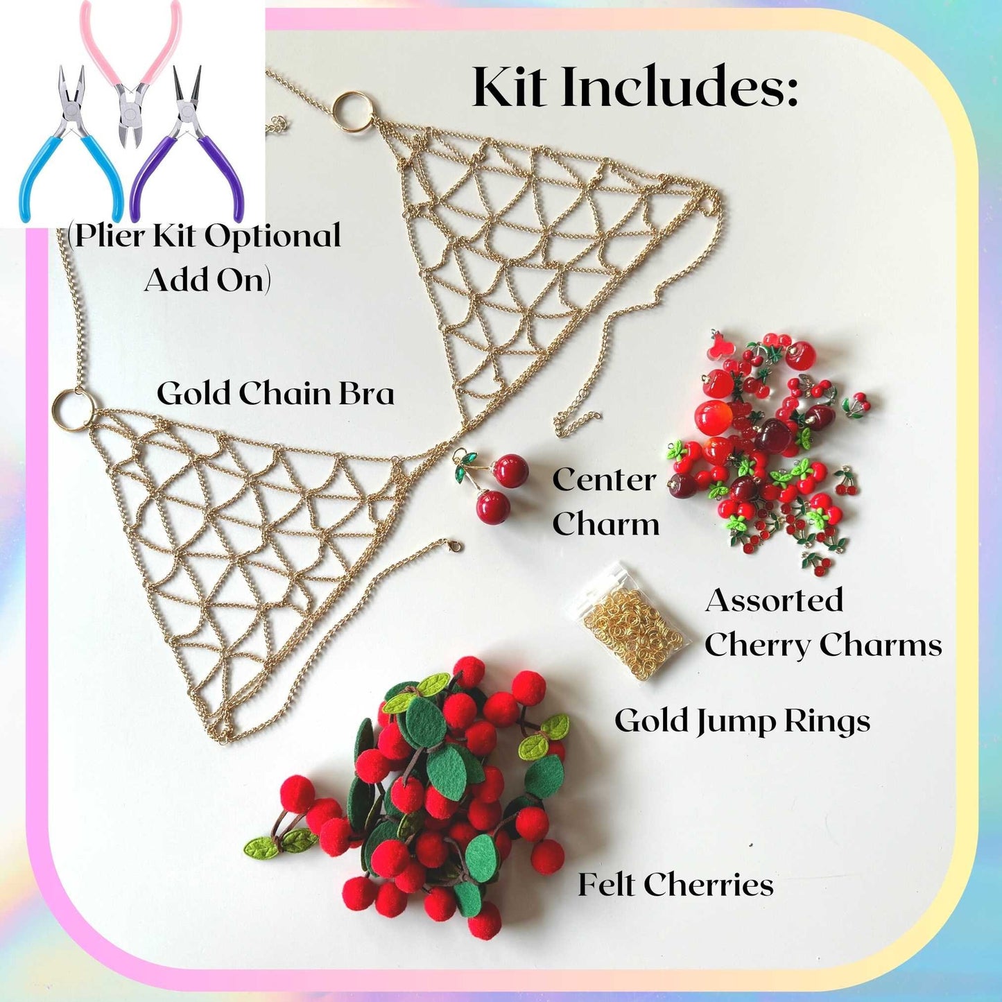 DIY Cherry Charm Bra Rave Outfit for Festival Wear Rave Beach Sexy Cherry Outfit Red Gold Chain Diy Gift for Friend Charm Cherry Red Jewelry