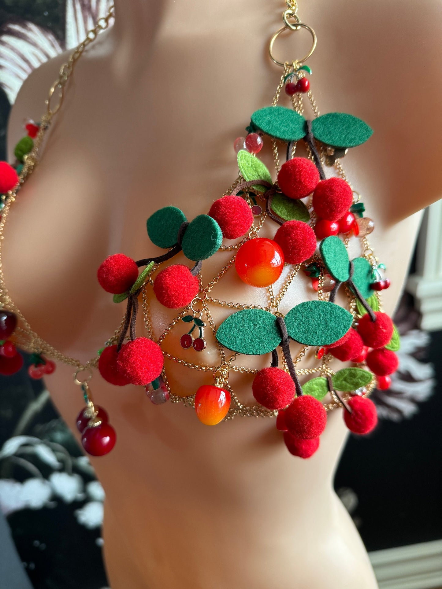 DIY Cherry Charm Bra Rave Outfit for Festival Wear Rave Beach Sexy Cherry Outfit Red Gold Chain Diy Gift for Friend Charm Cherry Red Jewelry