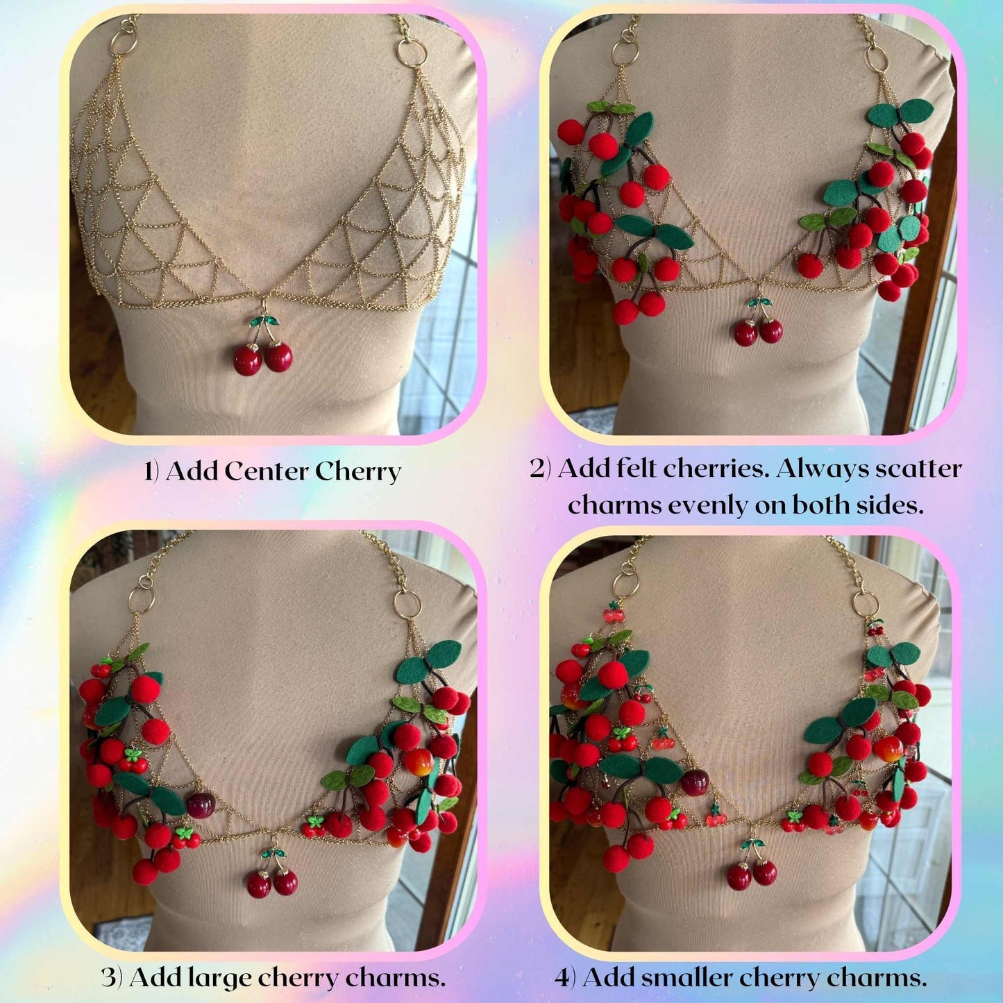 DIY Cherry Charm Bra Rave Outfit for Festival Wear Rave Beach Sexy Cherry Outfit Red Gold Chain Diy Gift for Friend Charm Cherry Red Jewelry
