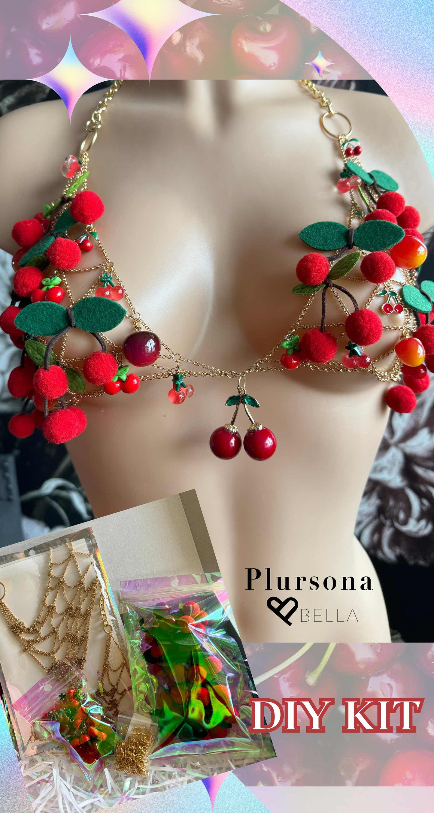 DIY Cherry Charm Bra Rave Outfit for Festival Wear Rave Beach Sexy Cherry Outfit Red Gold Chain Diy Gift for Friend Charm Cherry Red Jewelry