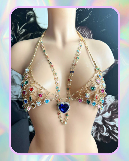 Rhinestone Heart Charm Top Gold with Rainbow Color Hearts - Made to Order