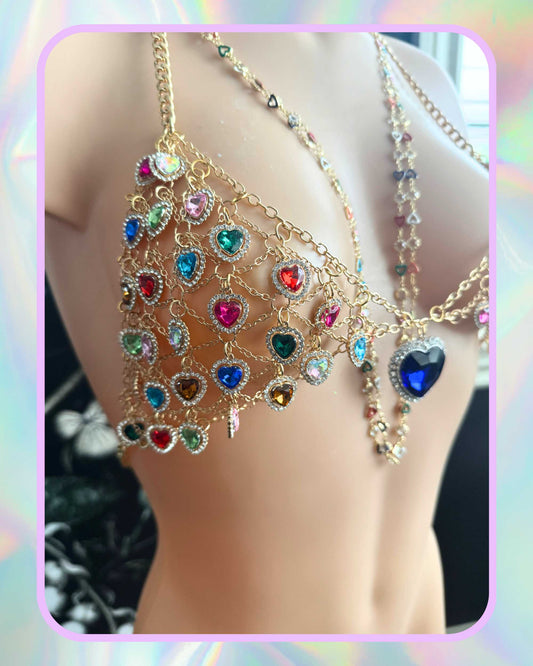 Rhinestone Heart Charm Top Gold with Rainbow Color Hearts - Made to Order