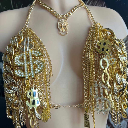 Ready to Ship Sexy Money Charm Chain Bra One of a Kind Rave Top EDM Festival Outfit Rhinestone Bra Top Necklace Stripper Pole Dance Wear